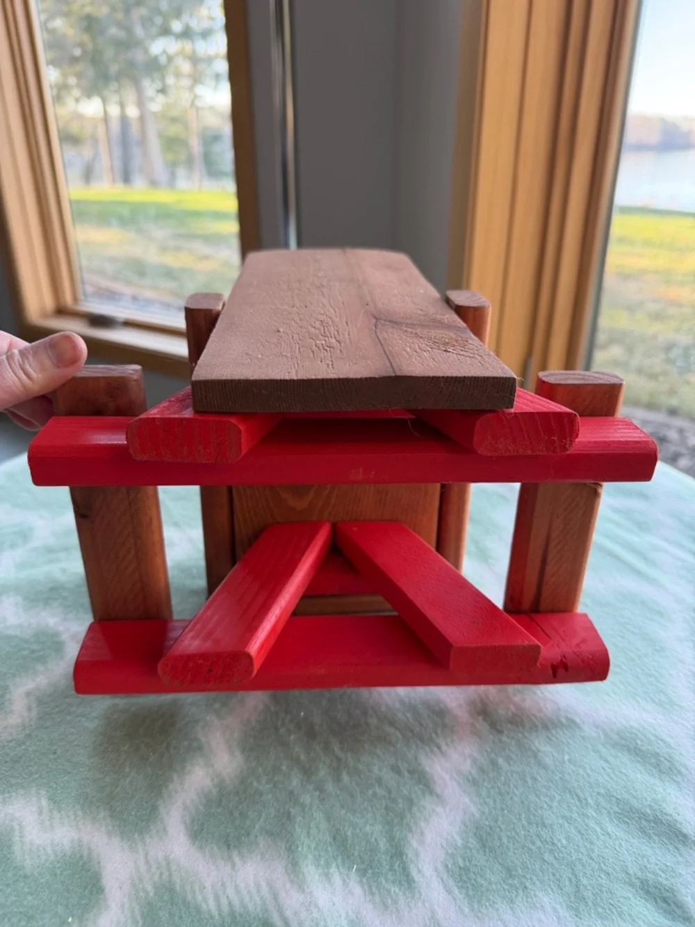 NEW bird feeder handmade wooden picnic bench style- Natural Brown & Orange Red